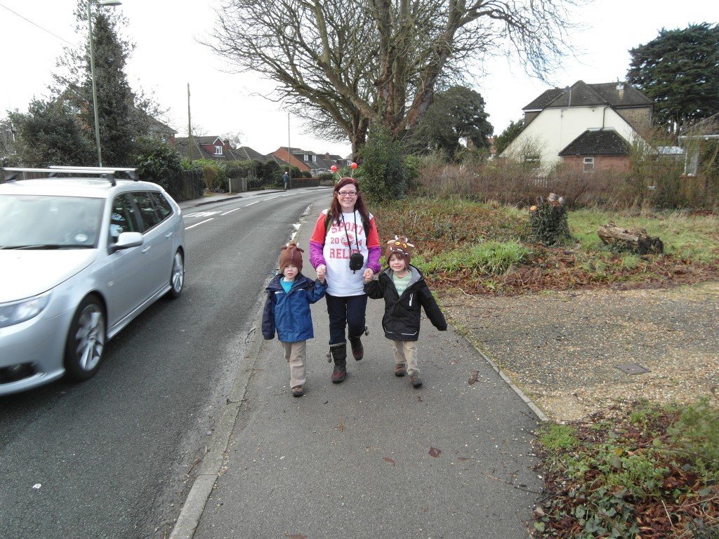 A mum and twins doing a Sport Relief walk