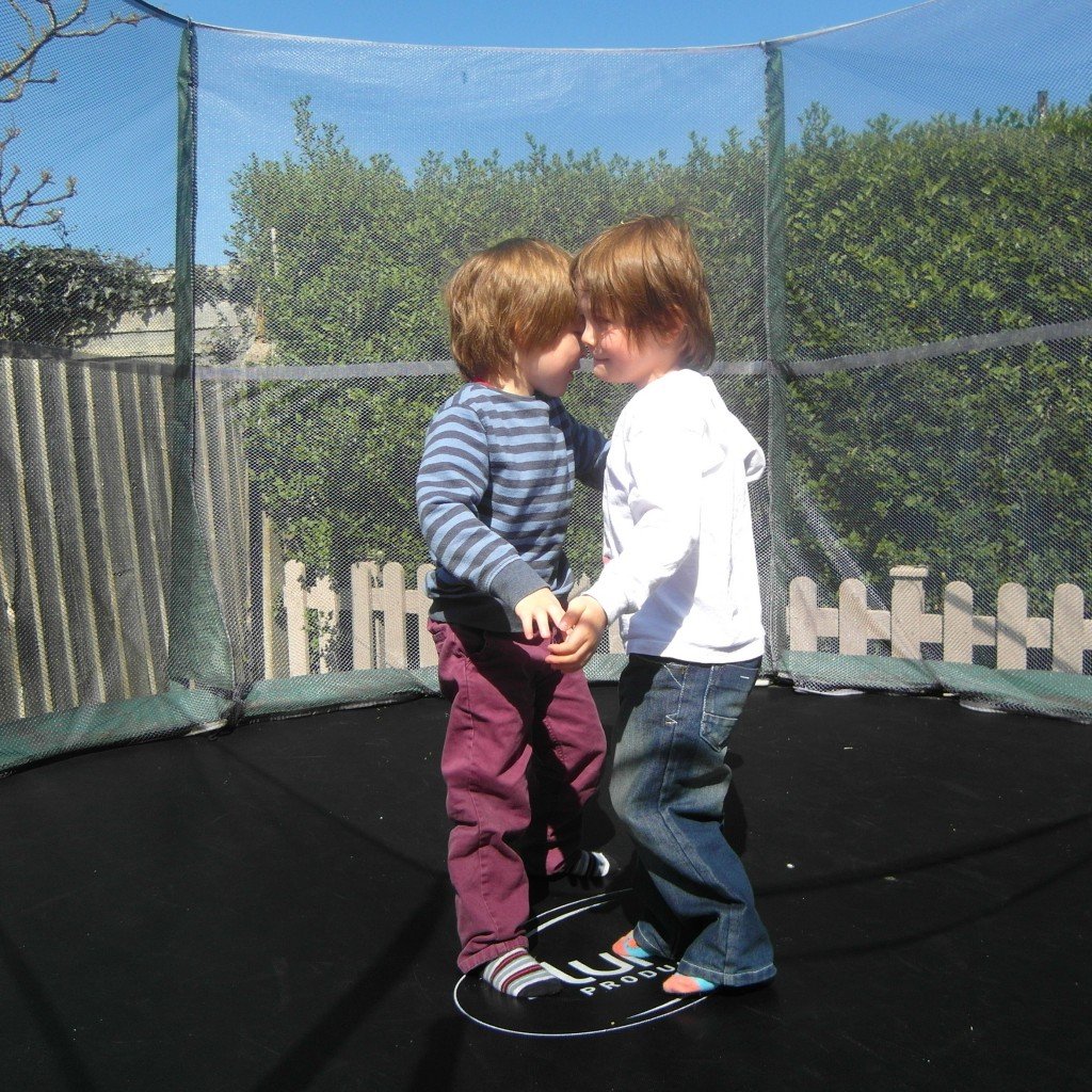 Twin boys on a trampoline