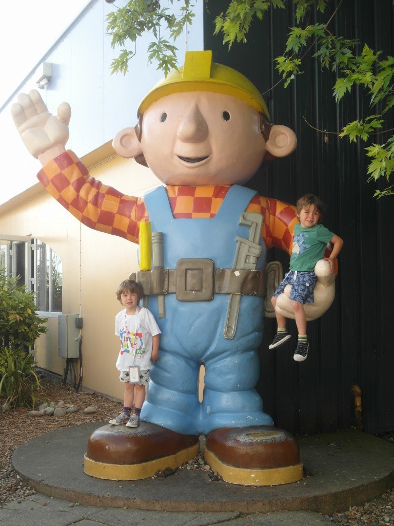 Two boys with a giant Bob the Builder at Butlins